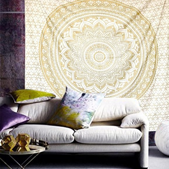 Gold Metallic Look Boho Wall Hanging Cotton Tapestry Bohemian Decor Mandala NEW - Picture 4 of 9